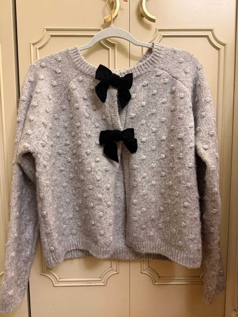 Rachel Zoe Cream Textured Crewneck Sweater with Black Velvet Bows